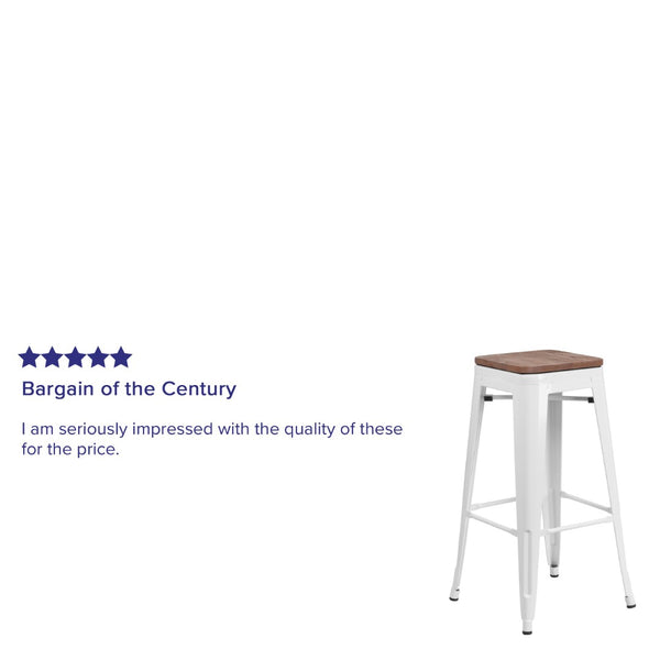 English Elm Lily 30" High Backless Metal Barstool with Square Wood Seat - Durable, Stackable & Stylish Design White CH-31320-30-WH-WD-GG