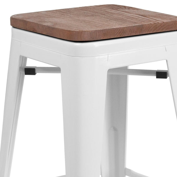 English Elm Lily 30" High Backless Metal Barstool with Square Wood Seat - Durable, Stackable & Stylish Design White CH-31320-30-WH-WD-GG