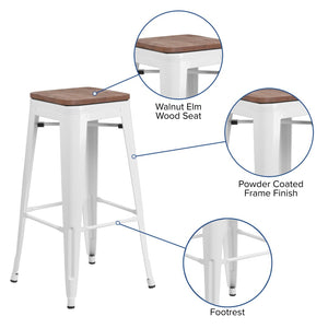 English Elm Lily 30" High Backless Metal Barstool with Square Wood Seat - Durable, Stackable & Stylish Design White CH-31320-30-WH-WD-GG