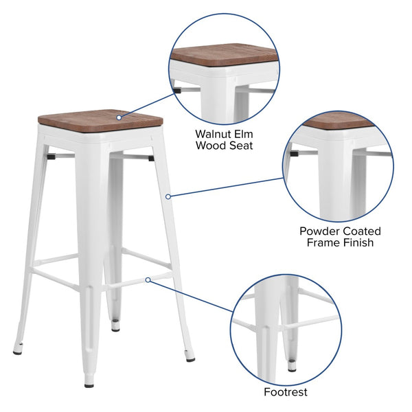 English Elm Lily 30" High Backless Metal Barstool with Square Wood Seat - Durable, Stackable & Stylish Design White CH-31320-30-WH-WD-GG