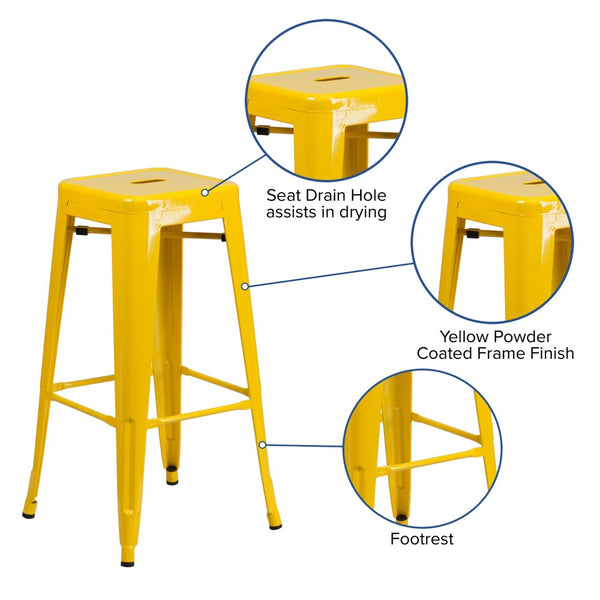English Elm Kai Commercial Grade 30-Inch Backless Metal Barstool for Indoor and Outdoor Use, Stackable Design Yellow CH-31320-30-YL-GG