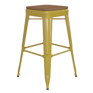 English Elm Kai Commercial-Grade 30" Backless Metal Barstool for Indoor-Outdoor Use, Durable & Lightweight Design Teak Seat/Yellow Frame CH-31320-30-YL-PL2T-GG