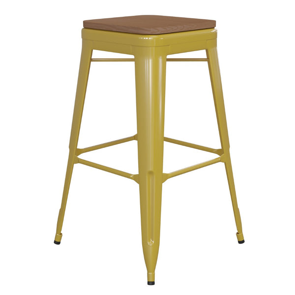 English Elm Kai Commercial-Grade 30" Backless Metal Barstool for Indoor-Outdoor Use, Durable & Lightweight Design Teak Seat/Yellow Frame CH-31320-30-YL-PL2T-GG