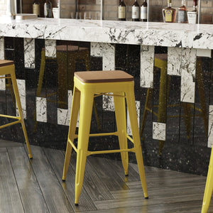 English Elm Kai Commercial-Grade 30" Backless Metal Barstool for Indoor-Outdoor Use, Durable & Lightweight Design Teak Seat/Yellow Frame CH-31320-30-YL-PL2T-GG