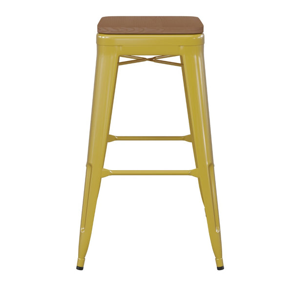 English Elm Kai Commercial-Grade 30" Backless Metal Barstool for Indoor-Outdoor Use, Durable & Lightweight Design Teak Seat/Yellow Frame CH-31320-30-YL-PL2T-GG