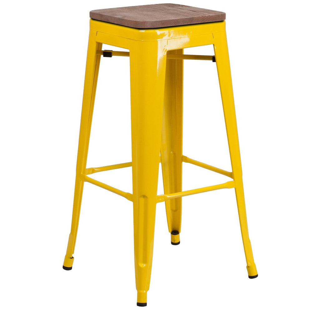 English Elm Lily 30" High Backless Metal Barstool with Square Wood Seat - Durable, Stackable & Stylish Design Yellow CH-31320-30-YL-WD-GG