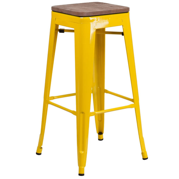 English Elm Lily 30" High Backless Metal Barstool with Square Wood Seat - Durable, Stackable & Stylish Design Yellow CH-31320-30-YL-WD-GG