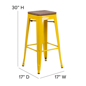 English Elm Lily 30" High Backless Metal Barstool with Square Wood Seat - Durable, Stackable & Stylish Design Yellow CH-31320-30-YL-WD-GG