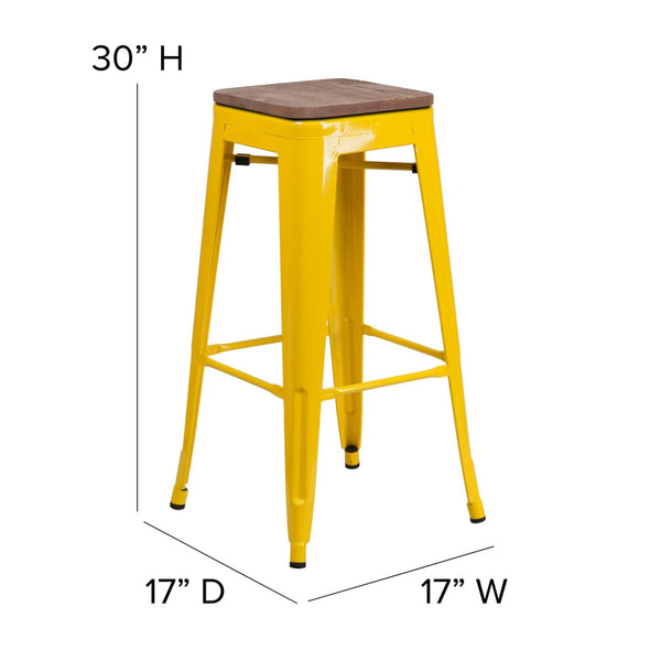 English Elm Lily 30" High Backless Metal Barstool with Square Wood Seat - Durable, Stackable & Stylish Design Yellow CH-31320-30-YL-WD-GG
