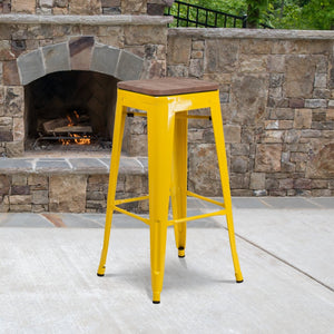 English Elm Lily 30" High Backless Metal Barstool with Square Wood Seat - Durable, Stackable & Stylish Design Yellow CH-31320-30-YL-WD-GG