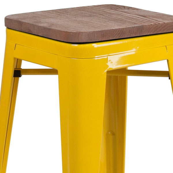 English Elm Lily 30" High Backless Metal Barstool with Square Wood Seat - Durable, Stackable & Stylish Design Yellow CH-31320-30-YL-WD-GG
