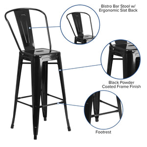English Elm Kai Commercial Grade 30" High Metal Indoor-Outdoor Barstool with Versatile Removable Backrest Black CH-31320-30GB-BK-GG