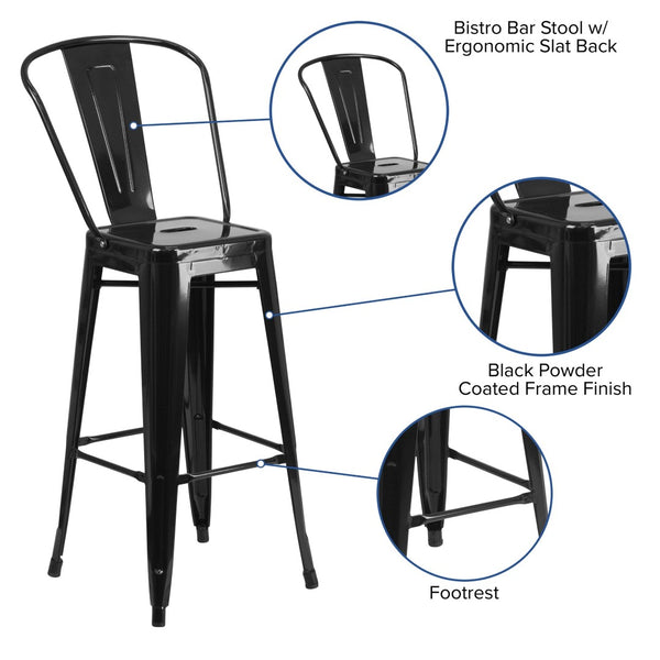 English Elm Kai Commercial Grade 30" High Metal Indoor-Outdoor Barstool with Versatile Removable Backrest Black CH-31320-30GB-BK-GG