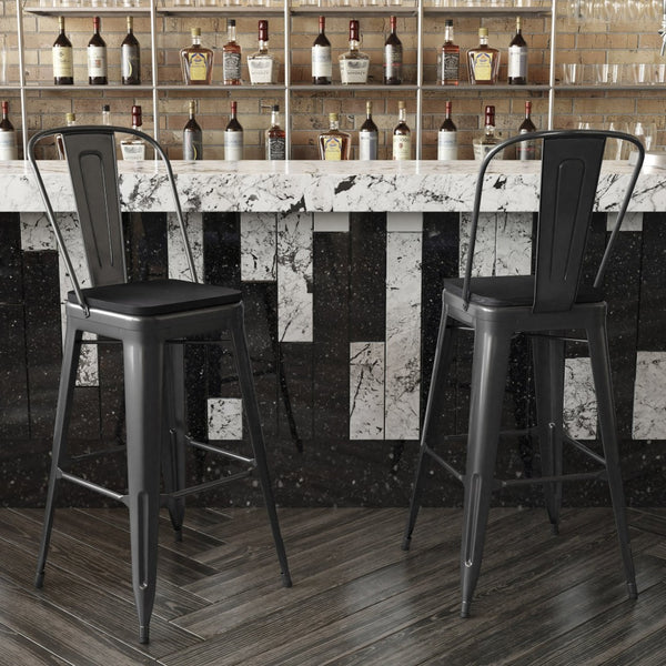 English Elm Kai 30" High Commercial-Grade Metal Bar Stool with Removable Back for Indoor and Outdoor Use Black Seat/Black Frame CH-31320-30GB-BK-PL2B-GG