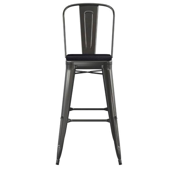 English Elm Kai 30" High Commercial-Grade Metal Bar Stool with Removable Back for Indoor and Outdoor Use Black Seat/Black Frame CH-31320-30GB-BK-PL2B-GG