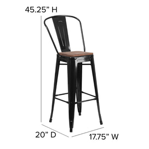 English Elm Bailey 23.5" Square Black Metal Bar Table Set with Rustic Wood Top and 2 Comfortable Stools CH-WD-TBCH-16-GG
