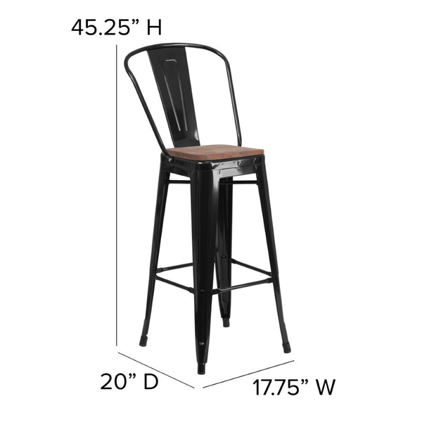 English Elm Lily 30" High Metal Barstool with Back and Wood Seat for Stylish Dining and Comfortable Support Black CH-31320-30GB-BK-WD-GG