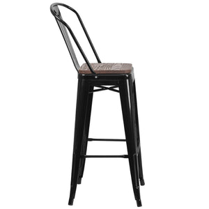 English Elm Bailey 23.5" Square Black Metal Bar Table Set with Rustic Wood Top and 2 Comfortable Stools CH-WD-TBCH-16-GG
