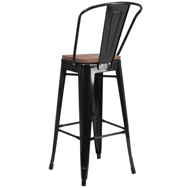 English Elm Lily 30" High Metal Barstool with Back and Wood Seat for Stylish Dining and Comfortable Support Black CH-31320-30GB-BK-WD-GG