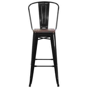 English Elm Lily 30" High Metal Barstool with Back and Wood Seat for Stylish Dining and Comfortable Support Black CH-31320-30GB-BK-WD-GG
