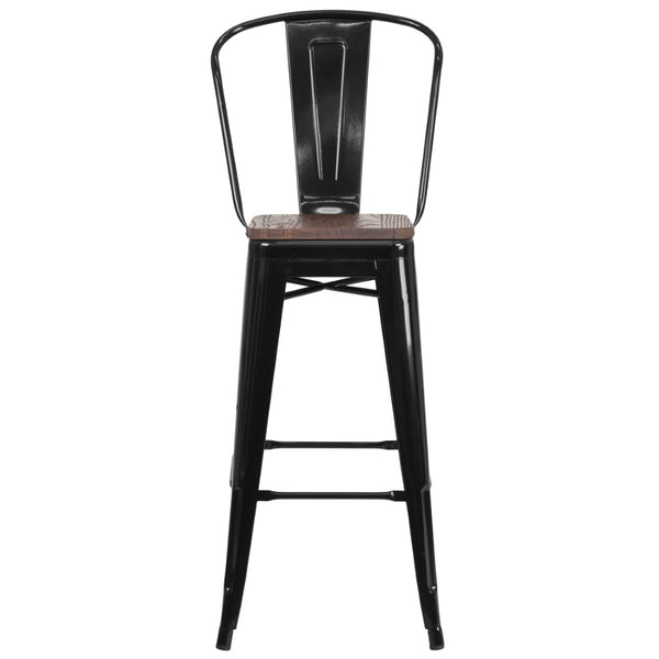 English Elm Lily 30" High Metal Barstool with Back and Wood Seat for Stylish Dining and Comfortable Support Black CH-31320-30GB-BK-WD-GG