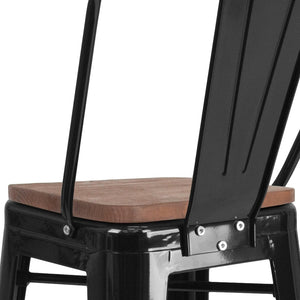 English Elm Lily 30" High Metal Barstool with Back and Wood Seat for Stylish Dining and Comfortable Support Black CH-31320-30GB-BK-WD-GG