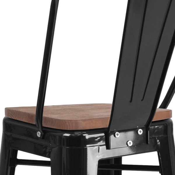 English Elm Lily 30" High Metal Barstool with Back and Wood Seat for Stylish Dining and Comfortable Support Black CH-31320-30GB-BK-WD-GG