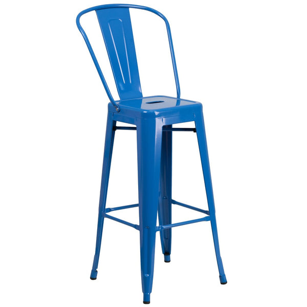 English Elm Kai Commercial Grade 30" High Metal Indoor-Outdoor Barstool with Versatile Removable Backrest Blue CH-31320-30GB-BL-GG