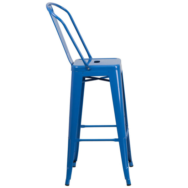 English Elm Kai Commercial Grade 30" High Metal Indoor-Outdoor Barstool with Versatile Removable Backrest Blue CH-31320-30GB-BL-GG