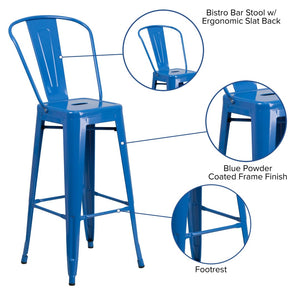 English Elm Kai Commercial Grade 30" High Metal Indoor-Outdoor Barstool with Versatile Removable Backrest Blue CH-31320-30GB-BL-GG