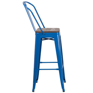 English Elm Lily 30" High Metal Barstool with Back and Wood Seat for Stylish Dining and Comfortable Support Blue CH-31320-30GB-BL-WD-GG