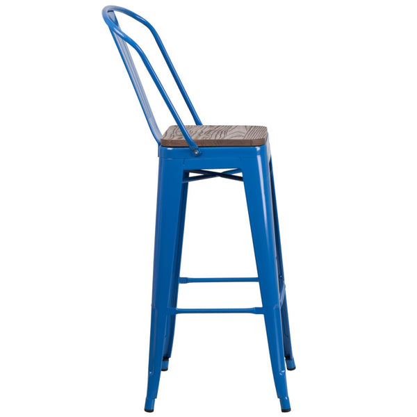 English Elm Lily 30" High Metal Barstool with Back and Wood Seat for Stylish Dining and Comfortable Support Blue CH-31320-30GB-BL-WD-GG