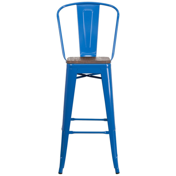English Elm Lily 30" High Metal Barstool with Back and Wood Seat for Stylish Dining and Comfortable Support Blue CH-31320-30GB-BL-WD-GG