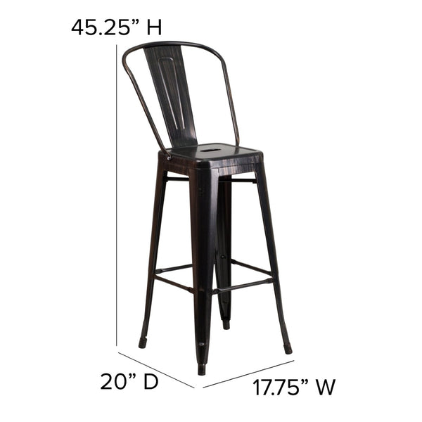 English Elm Kai Commercial Grade 30" High Metal Indoor-Outdoor Barstool with Versatile Removable Backrest Black-Antique Gold CH-31320-30GB-BQ-GG