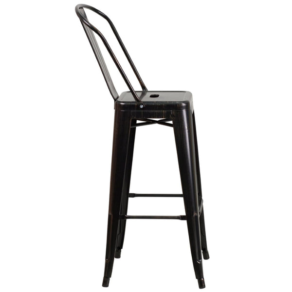English Elm Kai Commercial Grade 30" High Metal Indoor-Outdoor Barstool with Versatile Removable Backrest Black-Antique Gold CH-31320-30GB-BQ-GG