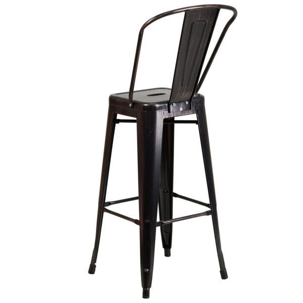 English Elm Kai Commercial Grade 30" High Metal Indoor-Outdoor Barstool with Versatile Removable Backrest Black-Antique Gold CH-31320-30GB-BQ-GG