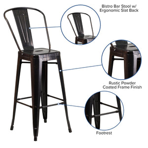 English Elm Kai Commercial Grade 30" High Metal Indoor-Outdoor Barstool with Versatile Removable Backrest Black-Antique Gold CH-31320-30GB-BQ-GG