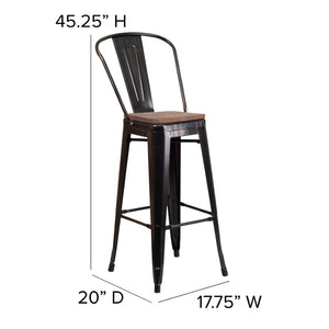 English Elm Lily 30" High Metal Barstool with Back and Wood Seat for Stylish Dining and Comfortable Support Black-Antique Gold CH-31320-30GB-BQ-WD-GG