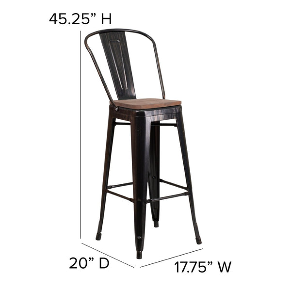 English Elm Lily 30" High Metal Barstool with Back and Wood Seat for Stylish Dining and Comfortable Support Black-Antique Gold CH-31320-30GB-BQ-WD-GG