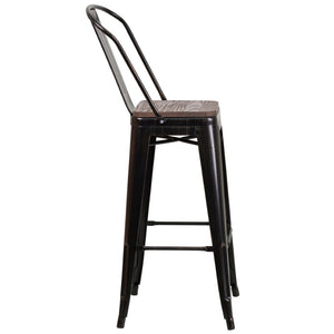 English Elm Lily 30" High Metal Barstool with Back and Wood Seat for Stylish Dining and Comfortable Support Black-Antique Gold CH-31320-30GB-BQ-WD-GG