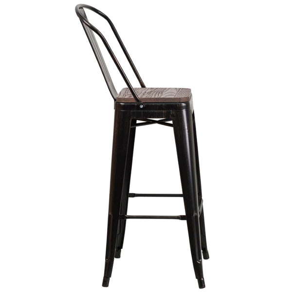 English Elm Lily 30" High Metal Barstool with Back and Wood Seat for Stylish Dining and Comfortable Support Black-Antique Gold CH-31320-30GB-BQ-WD-GG