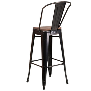 English Elm Lily 30" High Metal Barstool with Back and Wood Seat for Stylish Dining and Comfortable Support Black-Antique Gold CH-31320-30GB-BQ-WD-GG