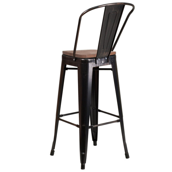English Elm Lily 30" High Metal Barstool with Back and Wood Seat for Stylish Dining and Comfortable Support Black-Antique Gold CH-31320-30GB-BQ-WD-GG