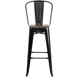 English Elm Lily 30" High Metal Barstool with Back and Wood Seat for Stylish Dining and Comfortable Support Black-Antique Gold CH-31320-30GB-BQ-WD-GG