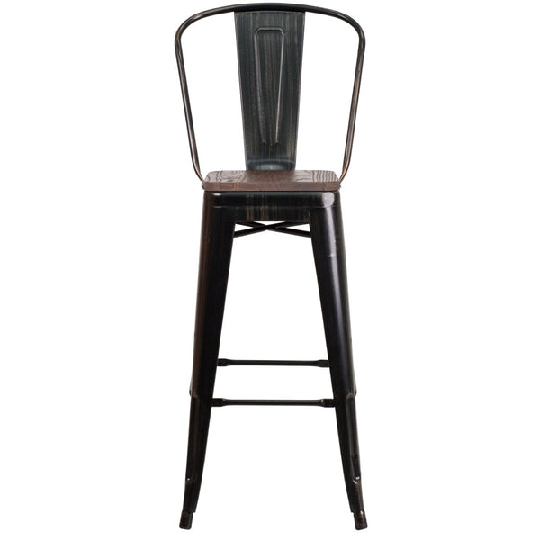 English Elm Lily 30" High Metal Barstool with Back and Wood Seat for Stylish Dining and Comfortable Support Black-Antique Gold CH-31320-30GB-BQ-WD-GG