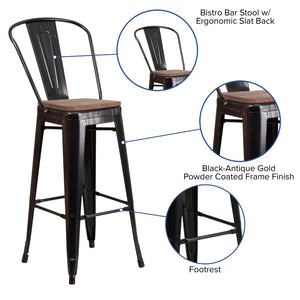 English Elm Lily 30" High Metal Barstool with Back and Wood Seat for Stylish Dining and Comfortable Support Black-Antique Gold CH-31320-30GB-BQ-WD-GG