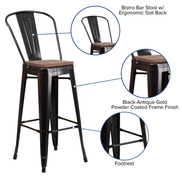 English Elm Lily 30" High Metal Barstool with Back and Wood Seat for Stylish Dining and Comfortable Support Black-Antique Gold CH-31320-30GB-BQ-WD-GG