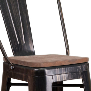 English Elm Lily 30" High Metal Barstool with Back and Wood Seat for Stylish Dining and Comfortable Support Black-Antique Gold CH-31320-30GB-BQ-WD-GG