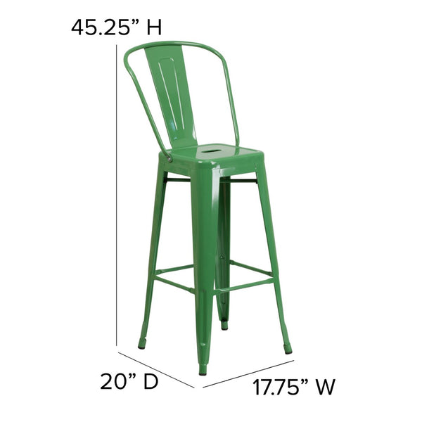 English Elm Kai Commercial Grade 30" High Metal Indoor-Outdoor Barstool with Versatile Removable Backrest Green CH-31320-30GB-GN-GG