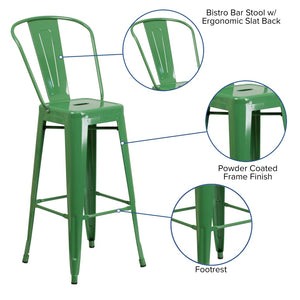 English Elm Kai Commercial Grade 30" High Metal Indoor-Outdoor Barstool with Versatile Removable Backrest Green CH-31320-30GB-GN-GG